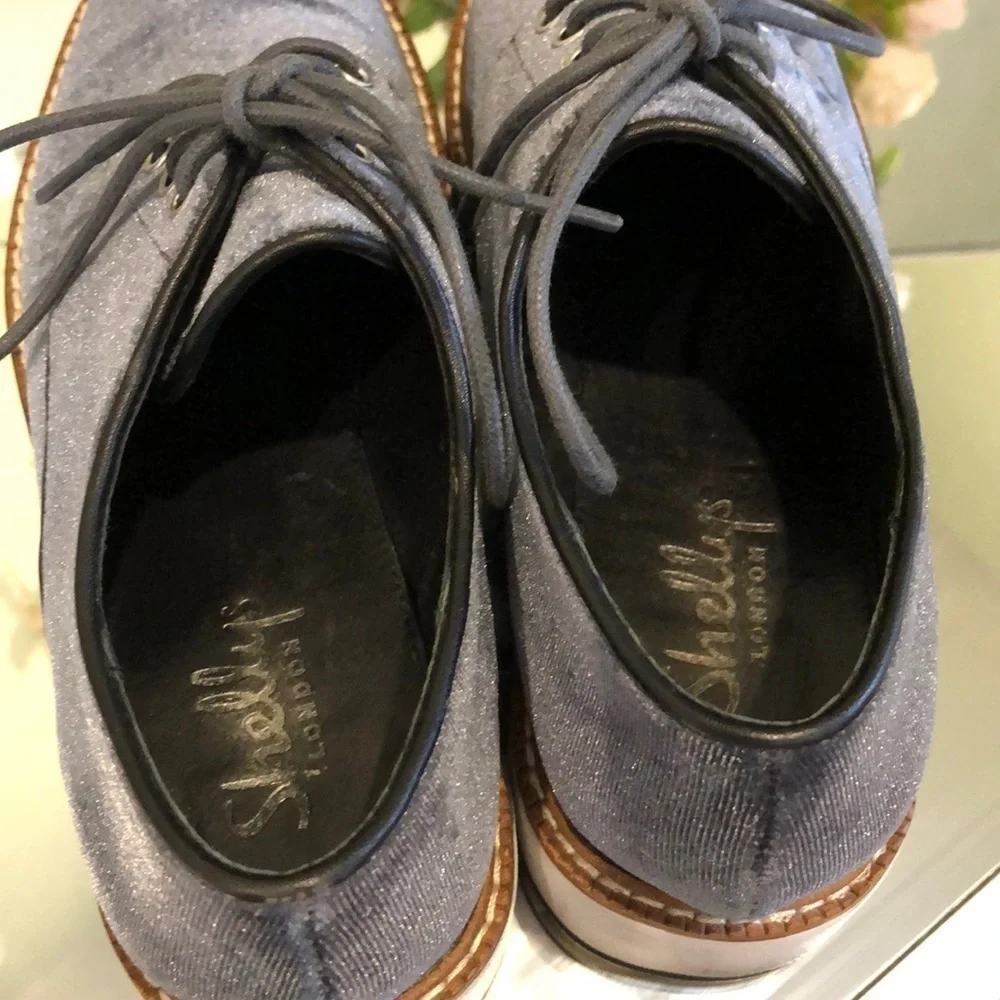Shellys London Dark Grey Velvet Platform Shoes, size 5.5